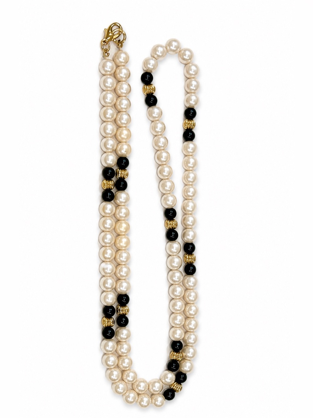 Classic Pearl and Black Bead Strand Necklace - Elegant Layered Style